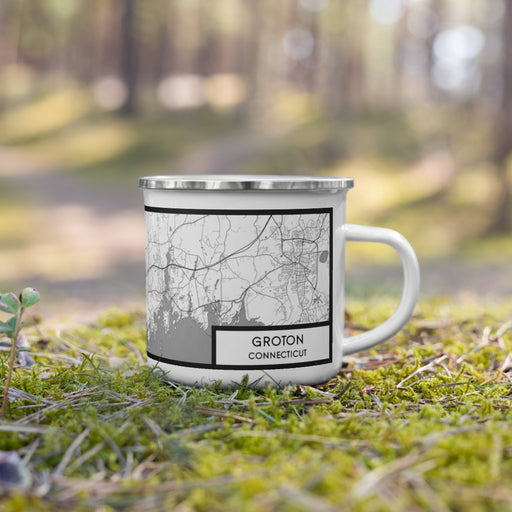 Right View Custom Groton Connecticut Map Enamel Mug in Classic on Grass With Trees in Background