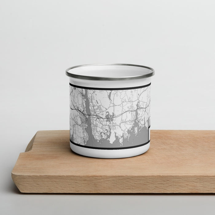 Front View Custom Groton Connecticut Map Enamel Mug in Classic on Cutting Board