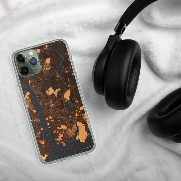 Custom Groton Connecticut Map Phone Case in Ember on Table with Black Headphones
