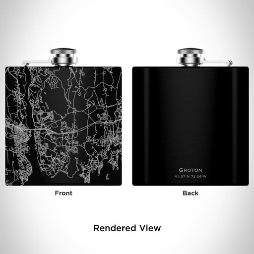 Rendered View of Groton Connecticut Map Engraving on 6oz Stainless Steel Flask in Black