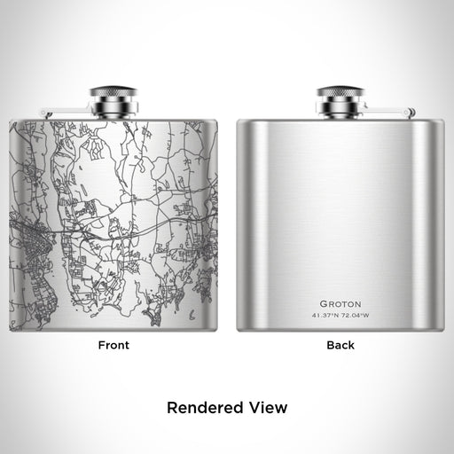Rendered View of Groton Connecticut Map Engraving on 6oz Stainless Steel Flask