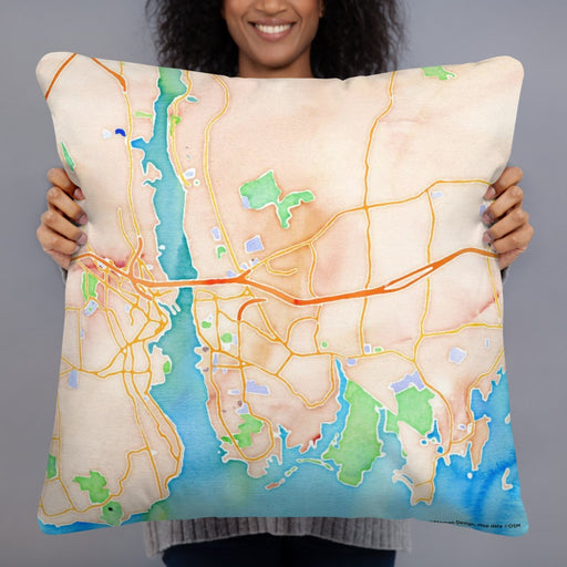 Person holding 22x22 Custom Groton Connecticut Map Throw Pillow in Watercolor