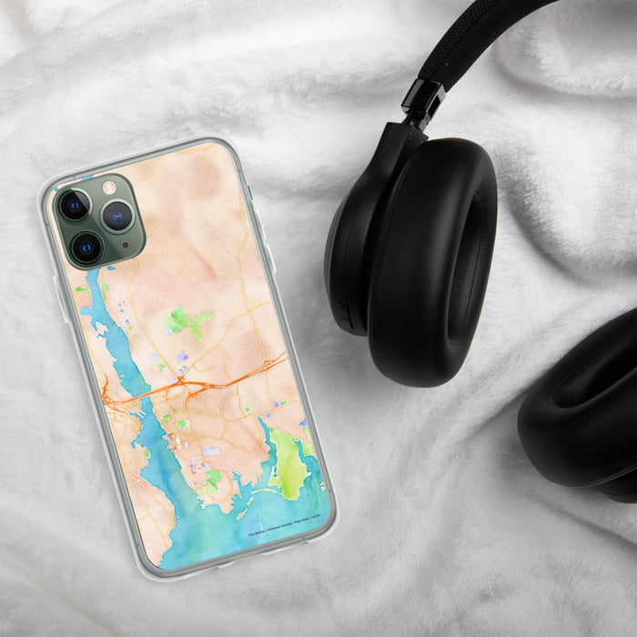 Custom Groton Connecticut Map Phone Case in Watercolor on Table with Black Headphones