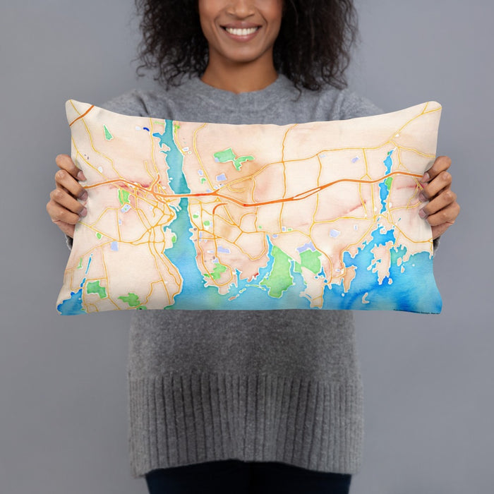 Person holding 20x12 Custom Groton Connecticut Map Throw Pillow in Watercolor