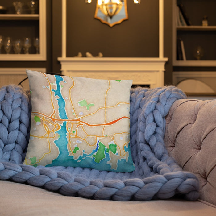 Custom Groton Connecticut Map Throw Pillow in Watercolor on Cream Colored Couch