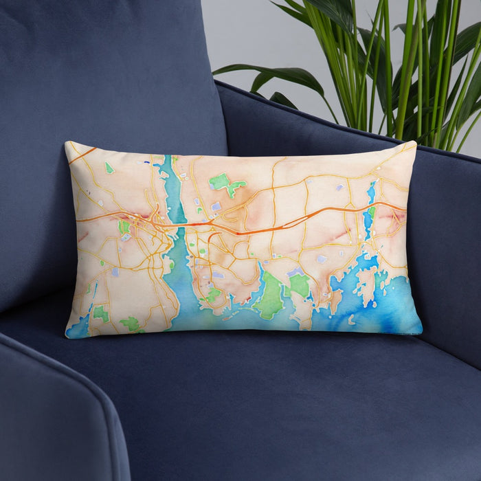 Custom Groton Connecticut Map Throw Pillow in Watercolor on Blue Colored Chair