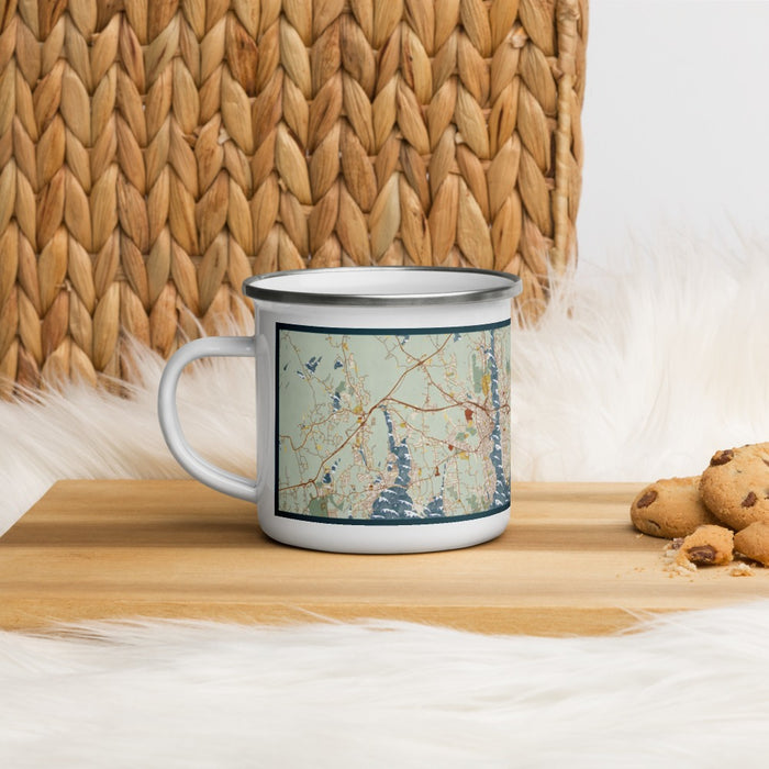 Left View Custom Groton Connecticut Map Enamel Mug in Woodblock on Table Top