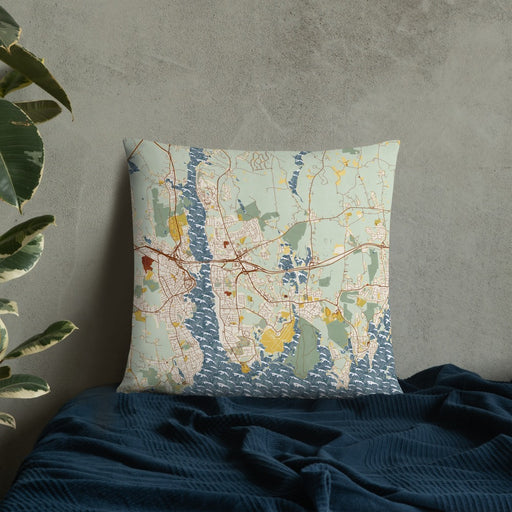 Custom Groton Connecticut Map Throw Pillow in Woodblock on Bedding Against Wall