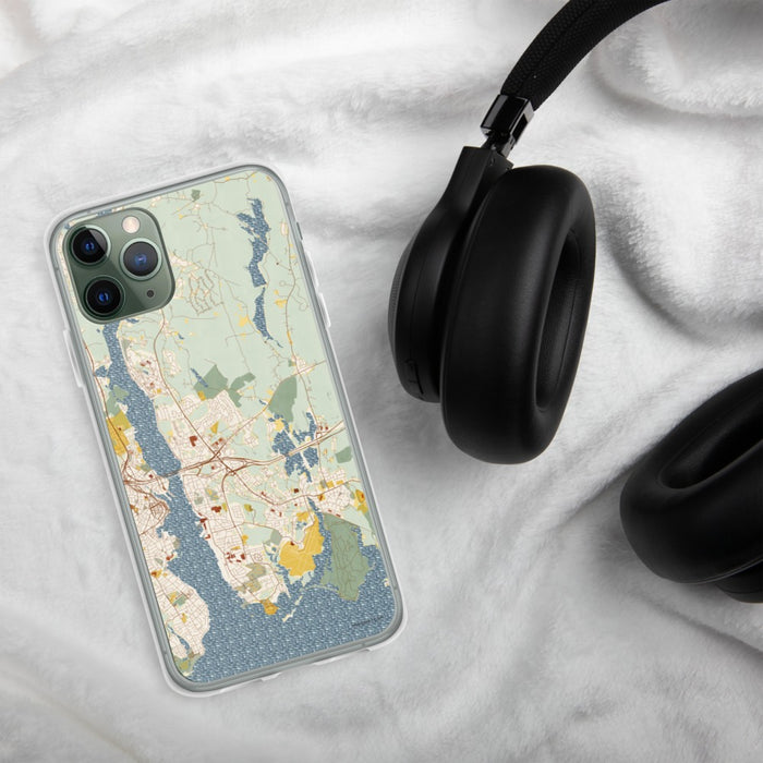 Custom Groton Connecticut Map Phone Case in Woodblock on Table with Black Headphones