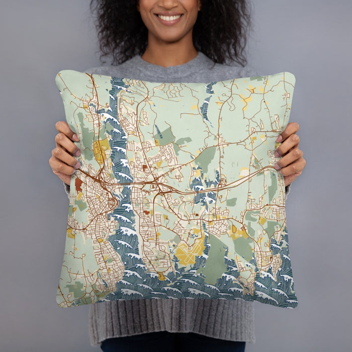 Person holding 18x18 Custom Groton Connecticut Map Throw Pillow in Woodblock