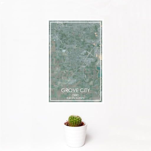 12x18 Grove City Ohio Map Print Portrait Orientation in Afternoon Style With Small Cactus Plant in White Planter