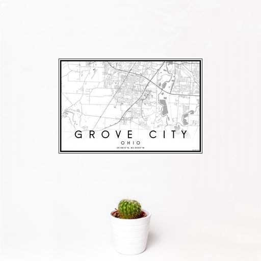 12x18 Grove City Ohio Map Print Landscape Orientation in Classic Style With Small Cactus Plant in White Planter