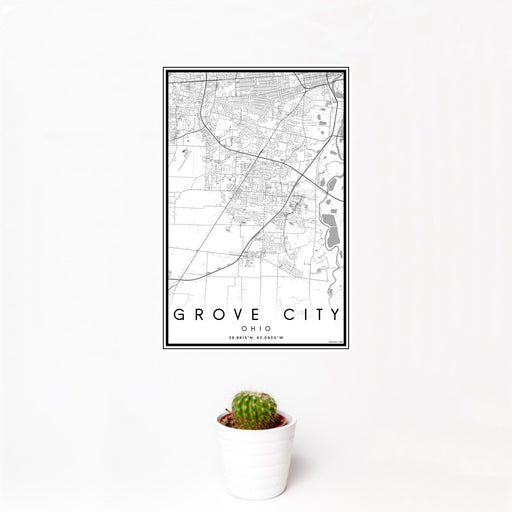 12x18 Grove City Ohio Map Print Portrait Orientation in Classic Style With Small Cactus Plant in White Planter
