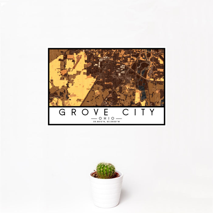12x18 Grove City Ohio Map Print Landscape Orientation in Ember Style With Small Cactus Plant in White Planter