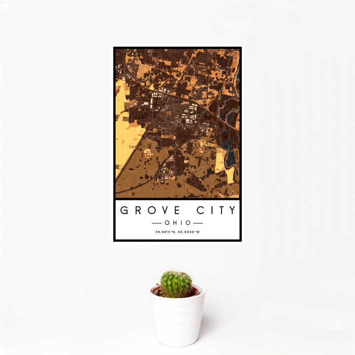 12x18 Grove City Ohio Map Print Portrait Orientation in Ember Style With Small Cactus Plant in White Planter