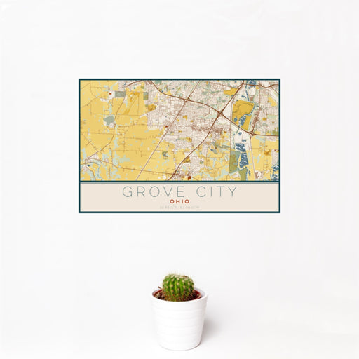 12x18 Grove City Ohio Map Print Landscape Orientation in Woodblock Style With Small Cactus Plant in White Planter