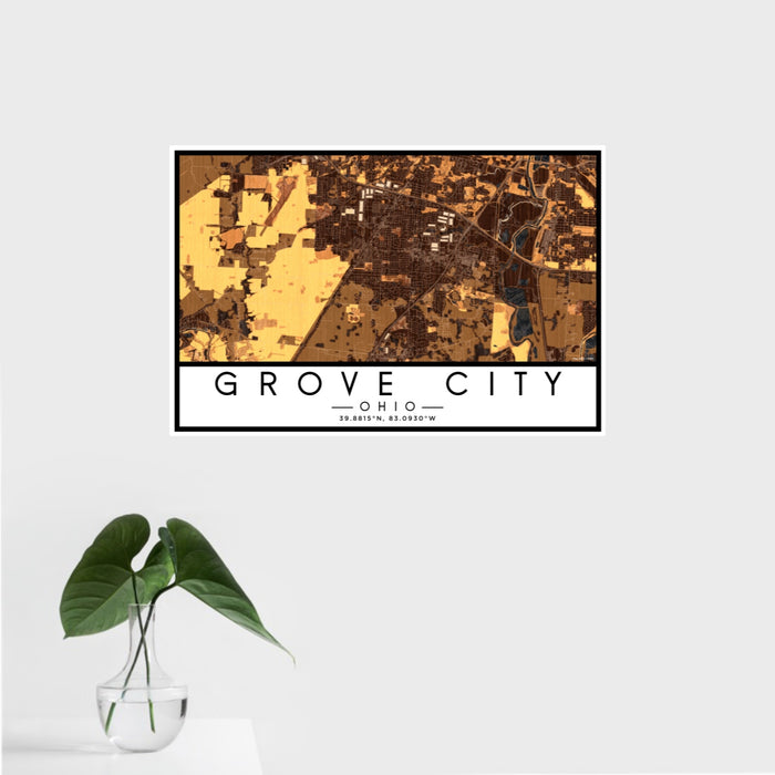16x24 Grove City Ohio Map Print Landscape Orientation in Ember Style With Tropical Plant Leaves in Water