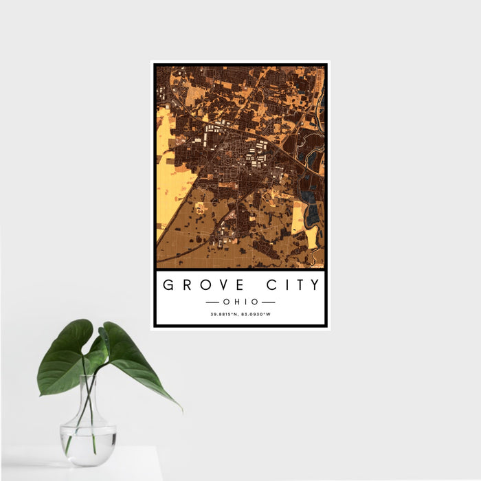 16x24 Grove City Ohio Map Print Portrait Orientation in Ember Style With Tropical Plant Leaves in Water