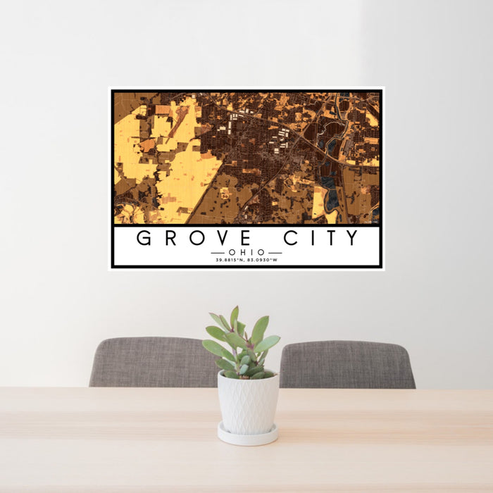 24x36 Grove City Ohio Map Print Lanscape Orientation in Ember Style Behind 2 Chairs Table and Potted Plant