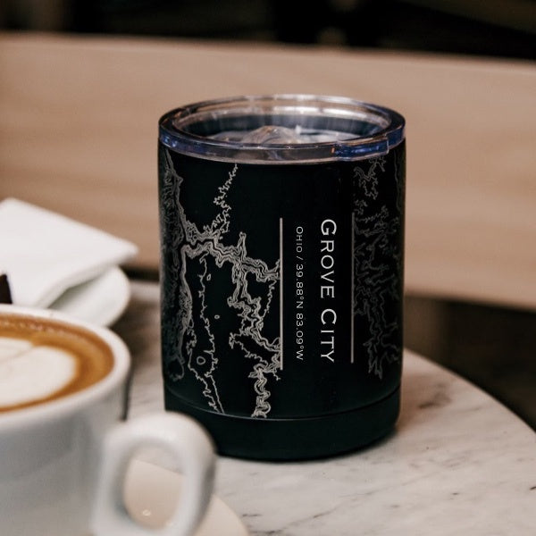 Grove City Ohio Custom Engraved City Map Inscription Coordinates on 10oz Stainless Steel Insulated Cup with Sliding Lid in Black