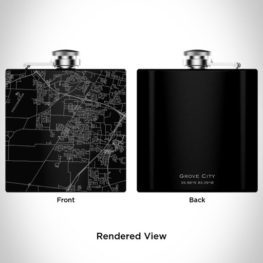 Rendered View of Grove City Ohio Map Engraving on 6oz Stainless Steel Flask in Black