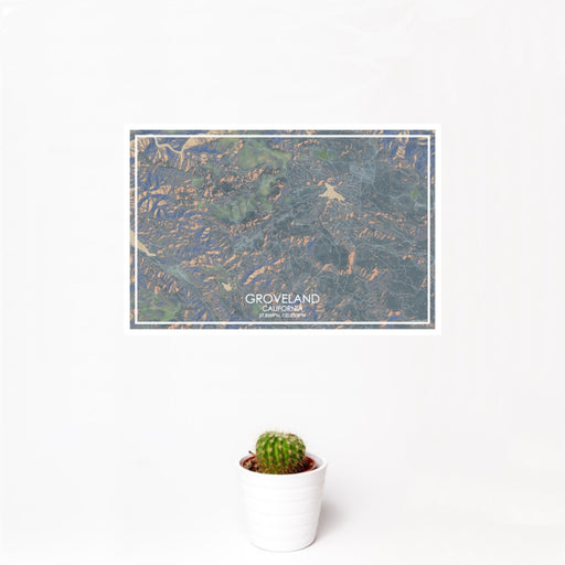 12x18 Groveland California Map Print Landscape Orientation in Afternoon Style With Small Cactus Plant in White Planter