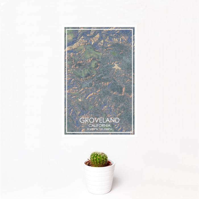 12x18 Groveland California Map Print Portrait Orientation in Afternoon Style With Small Cactus Plant in White Planter