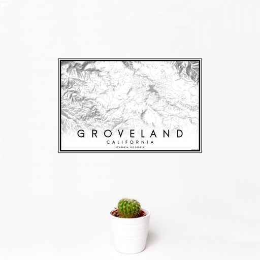 12x18 Groveland California Map Print Landscape Orientation in Classic Style With Small Cactus Plant in White Planter