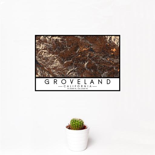 12x18 Groveland California Map Print Landscape Orientation in Ember Style With Small Cactus Plant in White Planter