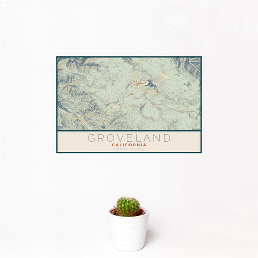 12x18 Groveland California Map Print Landscape Orientation in Woodblock Style With Small Cactus Plant in White Planter