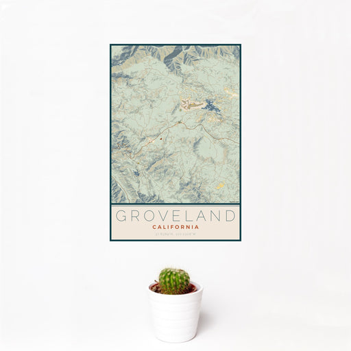12x18 Groveland California Map Print Portrait Orientation in Woodblock Style With Small Cactus Plant in White Planter