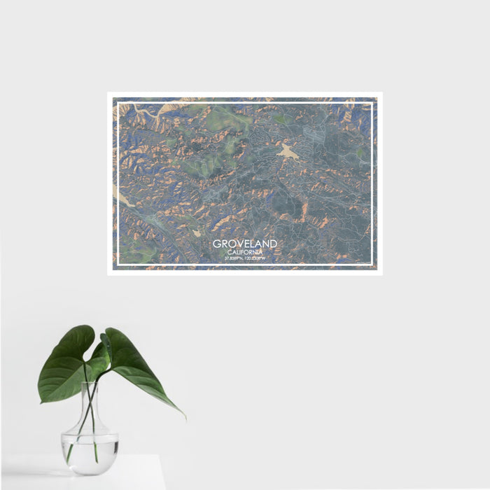 16x24 Groveland California Map Print Landscape Orientation in Afternoon Style With Tropical Plant Leaves in Water