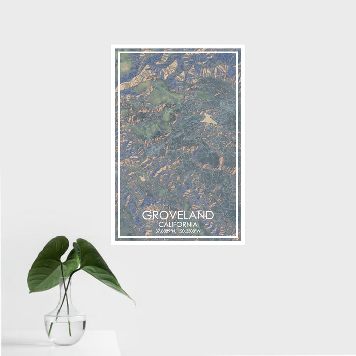 16x24 Groveland California Map Print Portrait Orientation in Afternoon Style With Tropical Plant Leaves in Water