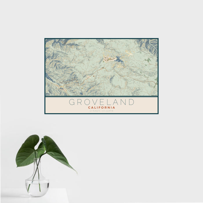 16x24 Groveland California Map Print Landscape Orientation in Woodblock Style With Tropical Plant Leaves in Water