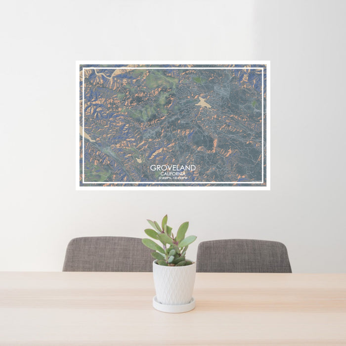 24x36 Groveland California Map Print Lanscape Orientation in Afternoon Style Behind 2 Chairs Table and Potted Plant