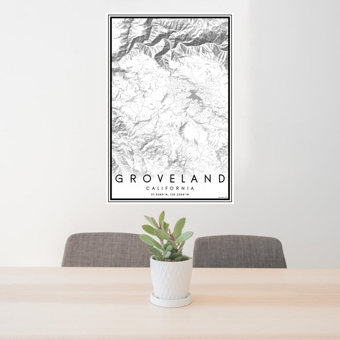 24x36 Groveland California Map Print Portrait Orientation in Classic Style Behind 2 Chairs Table and Potted Plant
