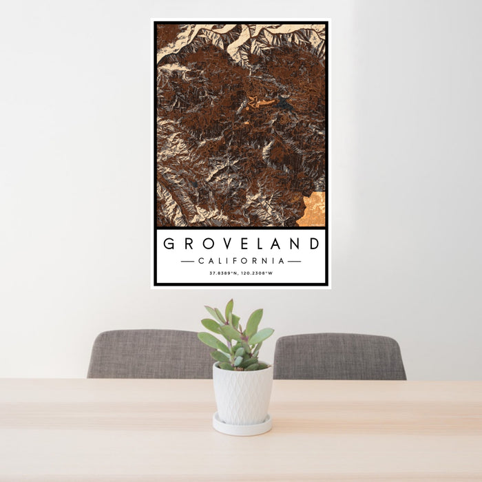 24x36 Groveland California Map Print Portrait Orientation in Ember Style Behind 2 Chairs Table and Potted Plant