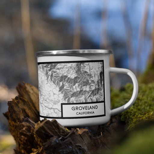 Right View Custom Groveland California Map Enamel Mug in Classic on Grass With Trees in Background