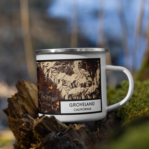 Right View Custom Groveland California Map Enamel Mug in Ember on Grass With Trees in Background