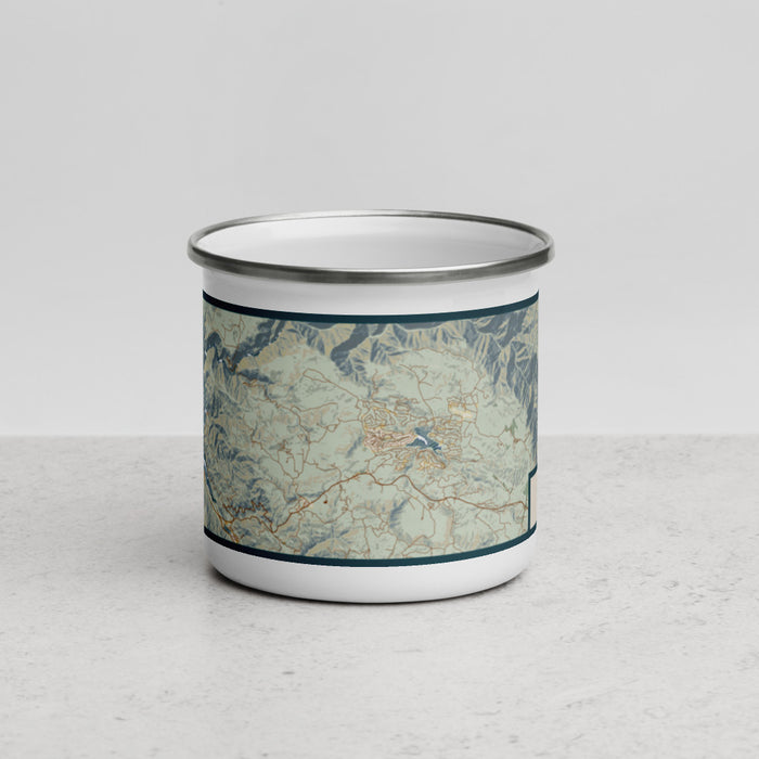 Front View Custom Groveland California Map Enamel Mug in Woodblock