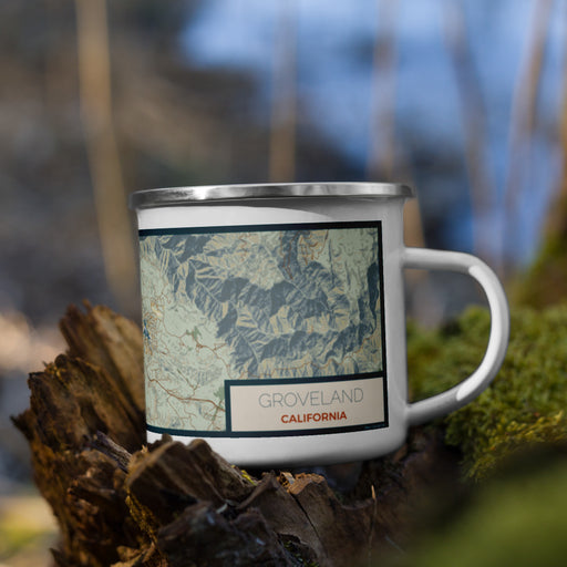 Right View Custom Groveland California Map Enamel Mug in Woodblock on Grass With Trees in Background