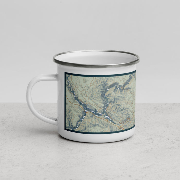 Left View Custom Groveland California Map Enamel Mug in Woodblock