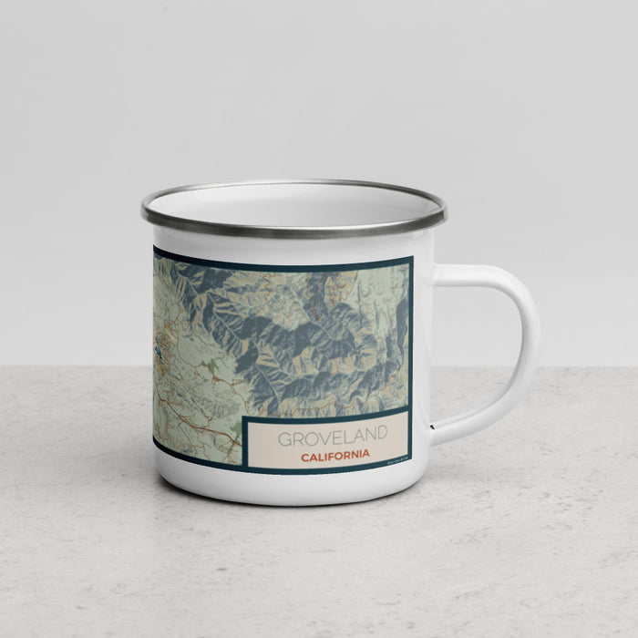 Right View Custom Groveland California Map Enamel Mug in Woodblock