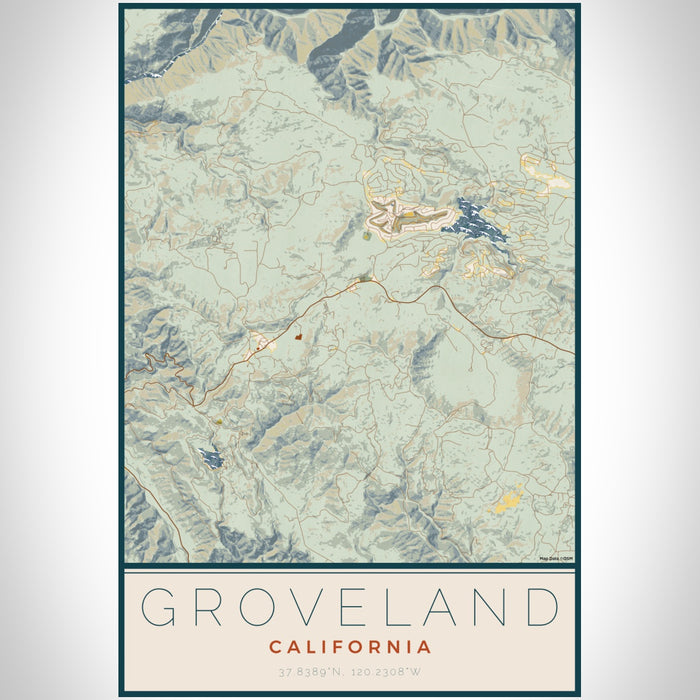 Groveland California Map Print Portrait Orientation in Woodblock Style With Shaded Background