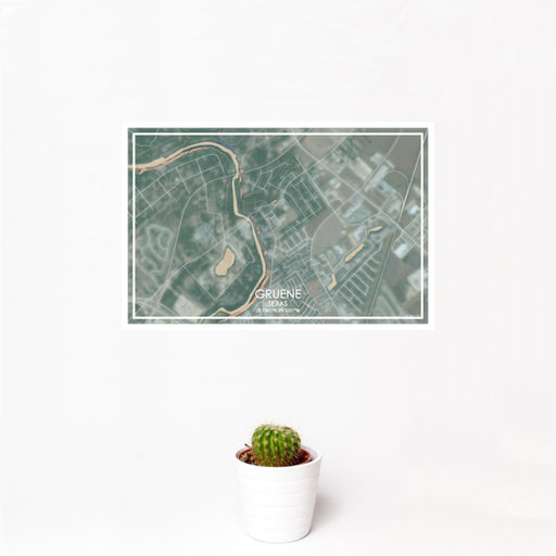 12x18 Gruene Texas Map Print Landscape Orientation in Afternoon Style With Small Cactus Plant in White Planter