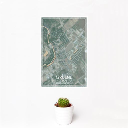 12x18 Gruene Texas Map Print Portrait Orientation in Afternoon Style With Small Cactus Plant in White Planter