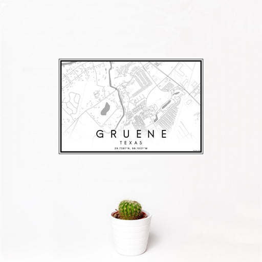 12x18 Gruene Texas Map Print Landscape Orientation in Classic Style With Small Cactus Plant in White Planter