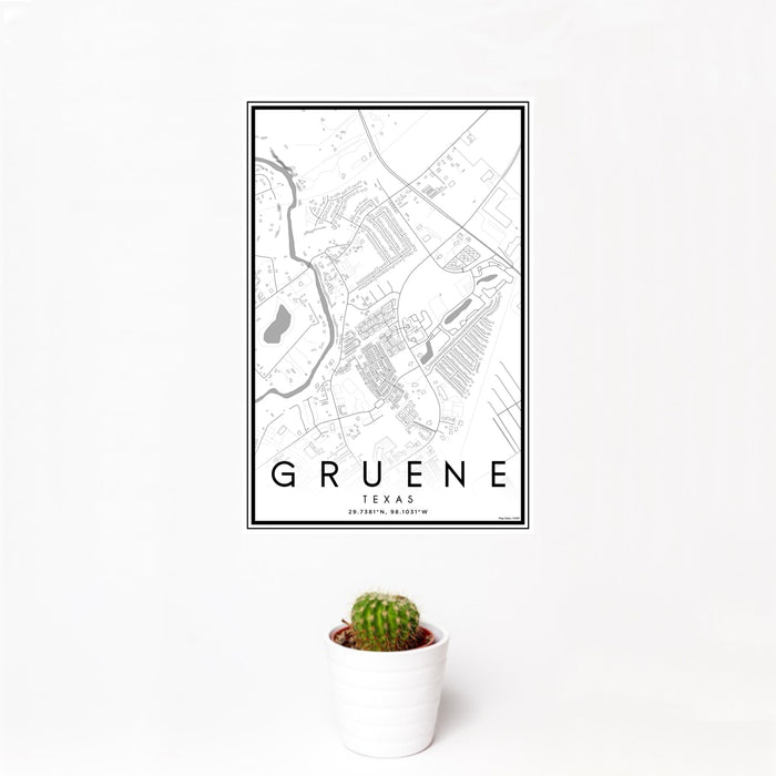 12x18 Gruene Texas Map Print Portrait Orientation in Classic Style With Small Cactus Plant in White Planter
