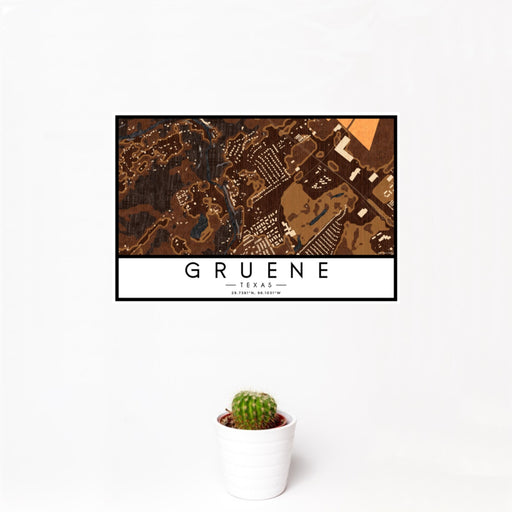 12x18 Gruene Texas Map Print Landscape Orientation in Ember Style With Small Cactus Plant in White Planter