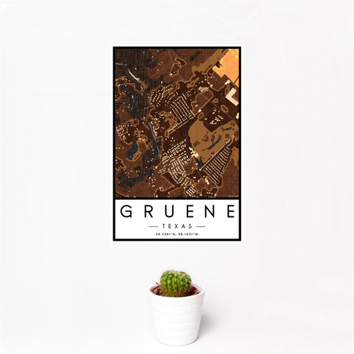 12x18 Gruene Texas Map Print Portrait Orientation in Ember Style With Small Cactus Plant in White Planter